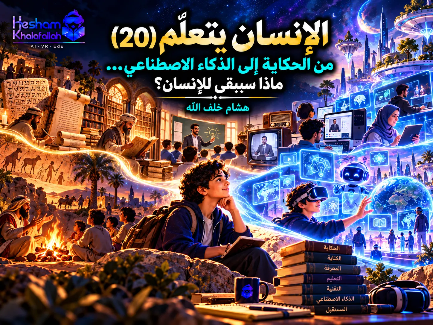 رحلة الإنسان في التعلّم من الحكاية والكتابة والمدرسة إلى الإنترنت والذكاء الاصطناعي والواقع الممتد ومستقبل التعليم – هشام خلف الله